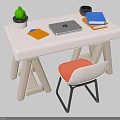 Minimalist White Desk With Green Plant Black Mug Books Notebook Laptop And Orange Chair
