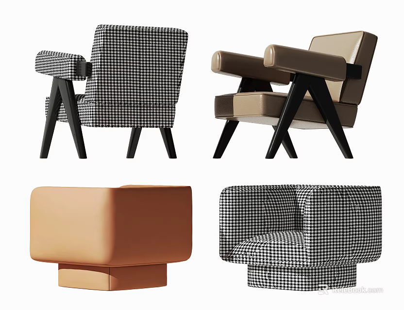 Modern Stylish Accent Chairs in Various Designs with Houndstooth Beige and Brown Colors 3d model 