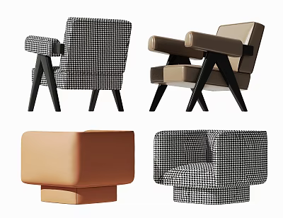 Modern Stylish Accent Chairs in Various Designs with Houndstooth Beige and Brown Colors 3d model