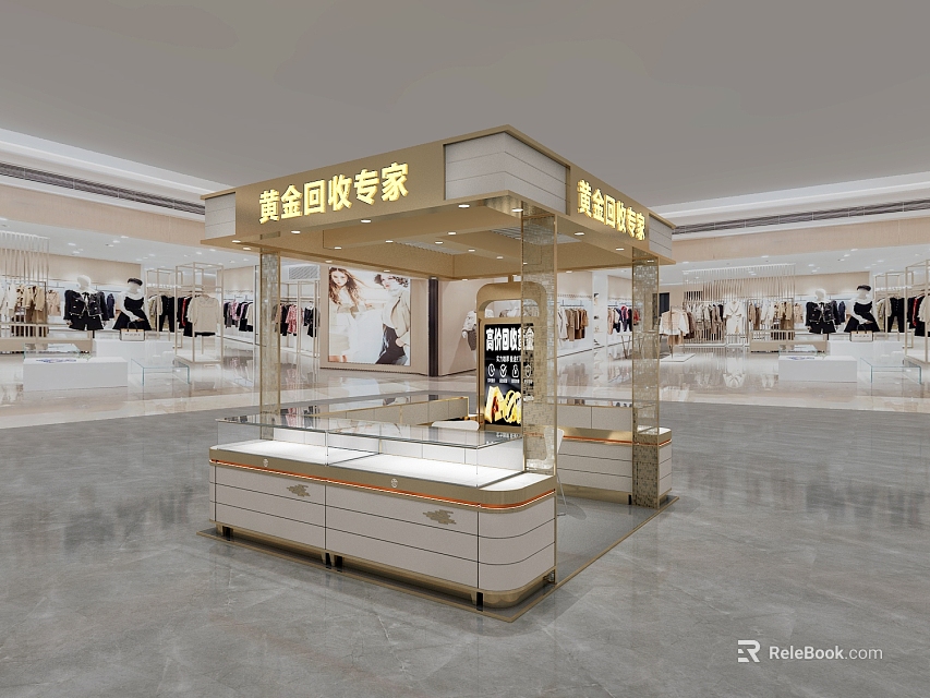 Professional Gold Recycling Mall Counter With Glass Display Cabinet And Gold Jewelry 3d model 