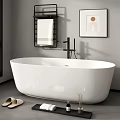 Modern Freestanding White Bathtub With Black Towel Rack Bath Tray And Decorative Painting