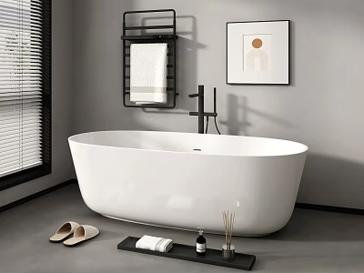 Modern Freestanding White Bathtub With Black Towel Rack Bath Tray And Decorative Painting 3d model