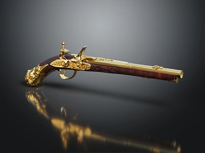 Antique Ornate Pistol With Golden Decorations Engraved Wooden Stock On Dark Surface With Reflection 3d model