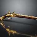 Antique Ornate Pistol With Golden Decorations Engraved Wooden Stock On Dark Surface With Reflection