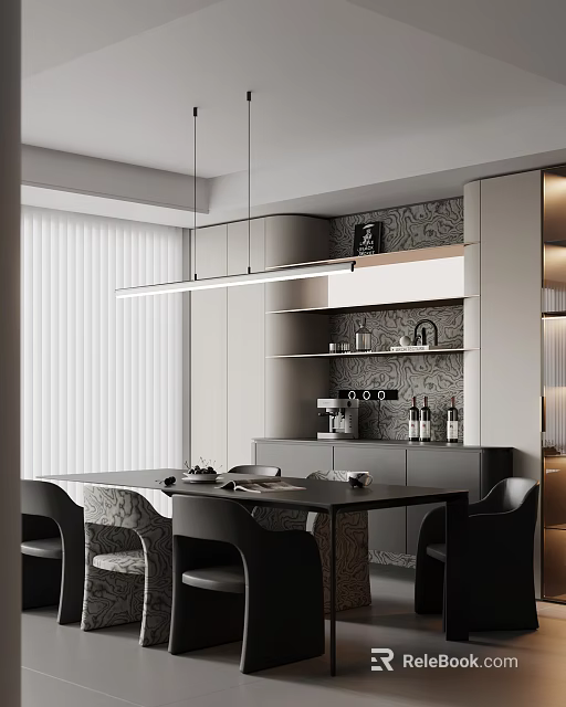 Modern Restaurant Interior With Dining Table Chairs Pendant Light Cabinets And Patterned Wall 3d model 