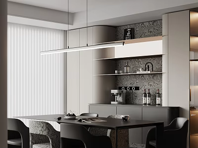 Modern Restaurant Interior With Dining Table Chairs Pendant Light Cabinets And Patterned Wall 3d model