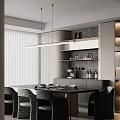 Modern Restaurant Interior With Dining Table Chairs Pendant Light Cabinets And Patterned Wall