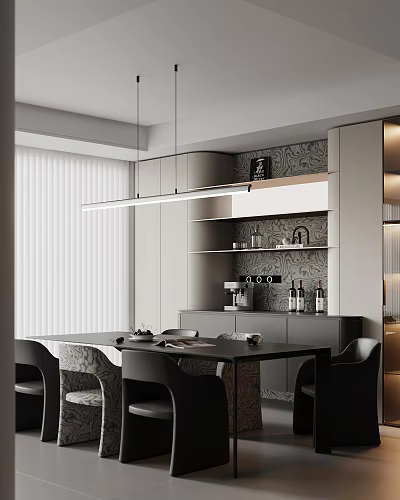Modern Restaurant Interior With Dining Table Chairs Pendant Light Cabinets And Patterned Wall 3d model