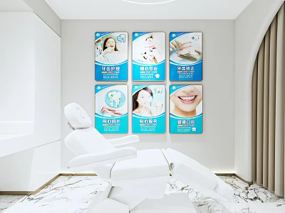 Modern Dental Clinic Interior With White Treatment Chair And Blue Posters 3d model