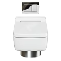 Modern White Wall Mounted Toilet With Sleek Design And Stainless Steel Base