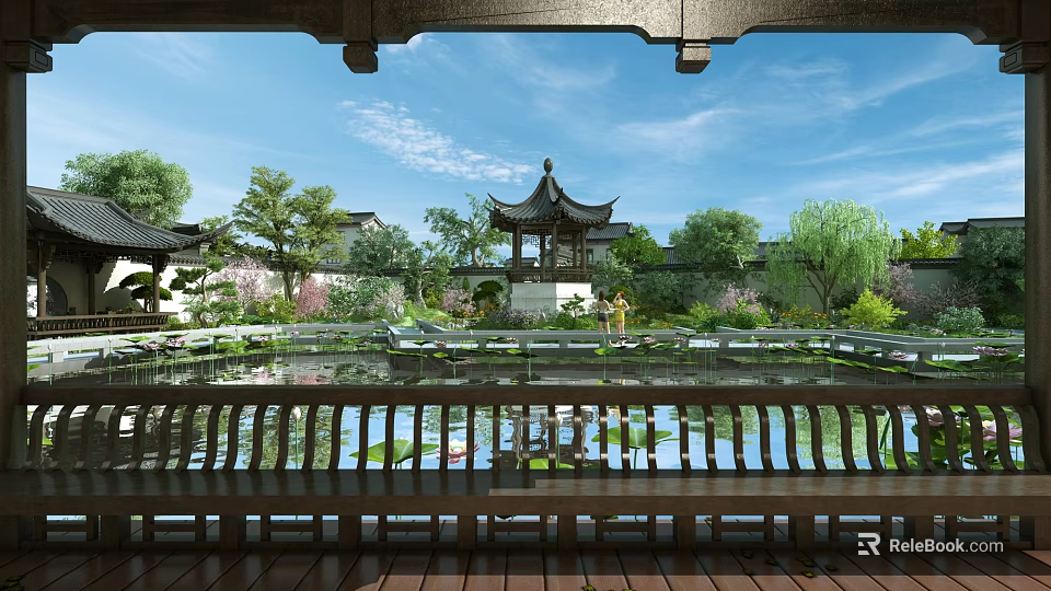 Classical Chinese Garden Landscape View With Traditional Pavilion Lotus Pond And Green Trees 3d model 
