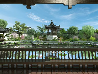 Classical Chinese Garden Landscape View With Traditional Pavilion Lotus Pond And Green Trees 3d model