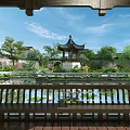 Classical Chinese Garden Landscape View With Traditional Pavilion Lotus Pond And Green Trees