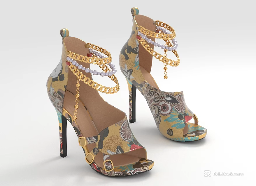 Colorful Printed Peep Toe High Heels With Gold Chain Decorations And Stiletto Heels 3d model 