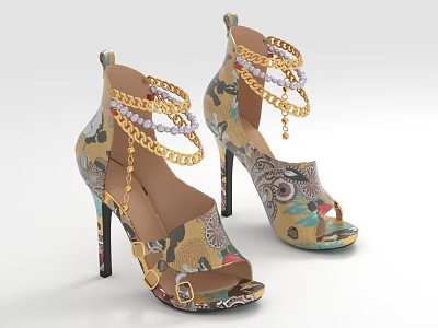 Colorful Printed Peep Toe High Heels With Gold Chain Decorations And Stiletto Heels 3d model