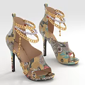 Colorful Printed Peep Toe High Heels With Gold Chain Decorations And Stiletto Heels