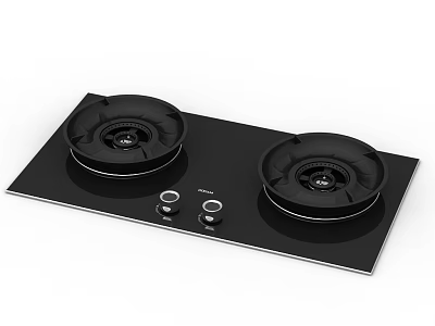 Modern Double Burner Gas Hob With Black Glass Panel And Control Knobs For Kitchen 3d model