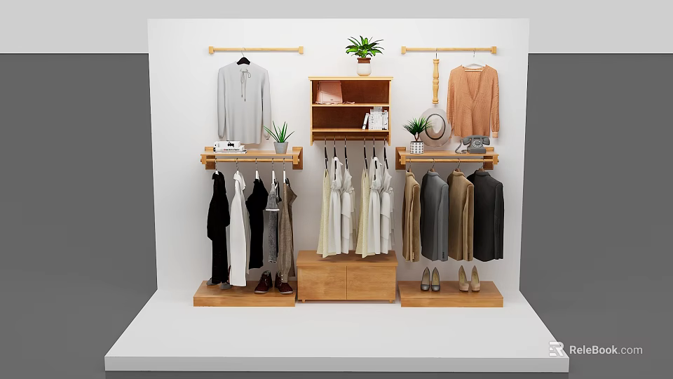 Wooden Clothes Hangers Display With Various Hanging Clothes Potted Plants And Shoes On Shelves 3d model 
