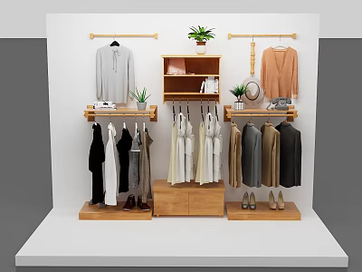 Wooden Clothes Hangers Display With Various Hanging Clothes Potted Plants And Shoes On Shelves 3d model