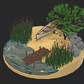 Scenic Natural Landscape With Wooden Bridge Small Boat Tree Reeds Rocks And Water