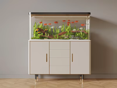 Modern Aquarium Display With Colorful Fish And Red Aquatic Plants On White Cabinet With Drawers 3d model