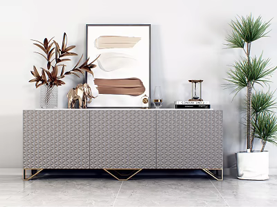 Modern Gray Textured Console Table With Gold Legs And Decorative Painting Plants 3d model