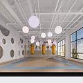School Indoor Common Area With Wooden Benches Large Windows Pink White Hanging Lights