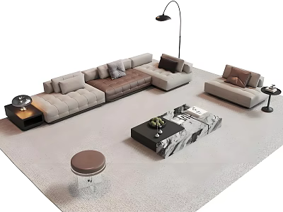 Modern L shaped Fabric Sofa with Marble Coffee Table and Ottoman in Living Room 3d model