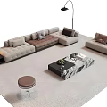 Modern L shaped Fabric Sofa with Marble Coffee Table and Ottoman in Living Room