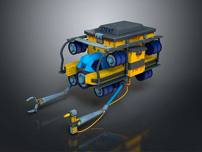 Steve Game Movie Character Mechanical Robot With Yellow Blue Design Wheels And Arms 3d model