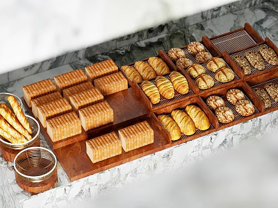 Assorted Fresh Breads And Pastries On Wooden Trays Over Marble Countertop 3d model
