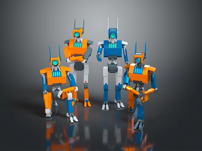 Four Animated Game And Movie Robot Characters With Orange And Blue Design In Different Poses 3d model