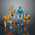 Four Animated Game And Movie Robot Characters With Orange And Blue Design In Different Poses