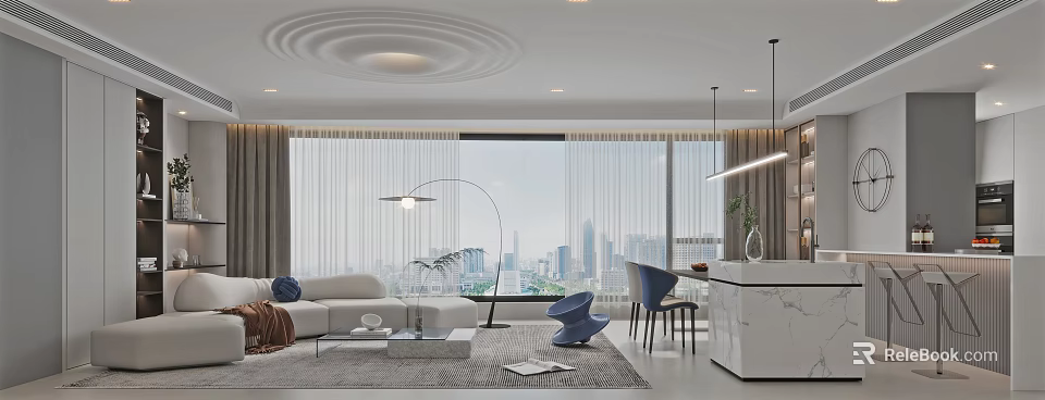 Modern Living Dining Room Interior With White Sofa Blue Chairs And City View Window 3d model 