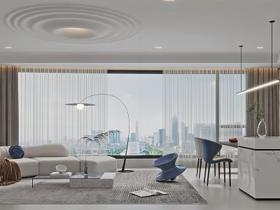 Modern Living Dining Room Interior With White Sofa Blue Chairs And City View Window 3d model