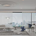 Modern Living Dining Room Interior With White Sofa Blue Chairs And City View Window