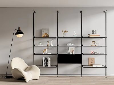 Modern Minimalist Shelving Unit With Decorative Items Books And Accent Chair In Living Room 3d model
