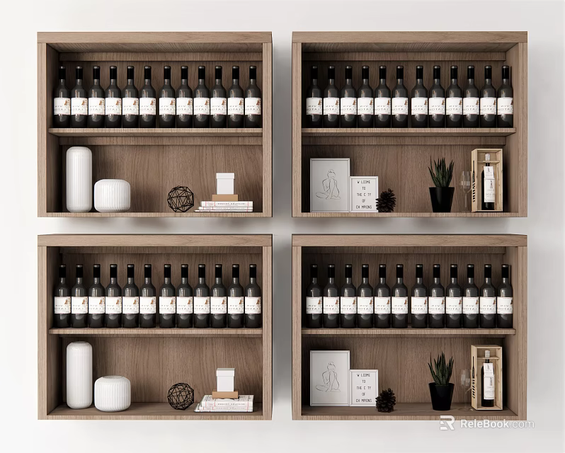 Wooden Shelves Display Neatly Arranged Wine Bottles With Decorative Items At Home 3d model 
