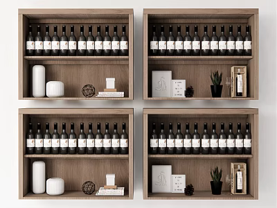 Wooden Shelves Display Neatly Arranged Wine Bottles With Decorative Items At Home 3d model