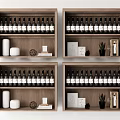 Wooden Shelves Display Neatly Arranged Wine Bottles With Decorative Items At Home