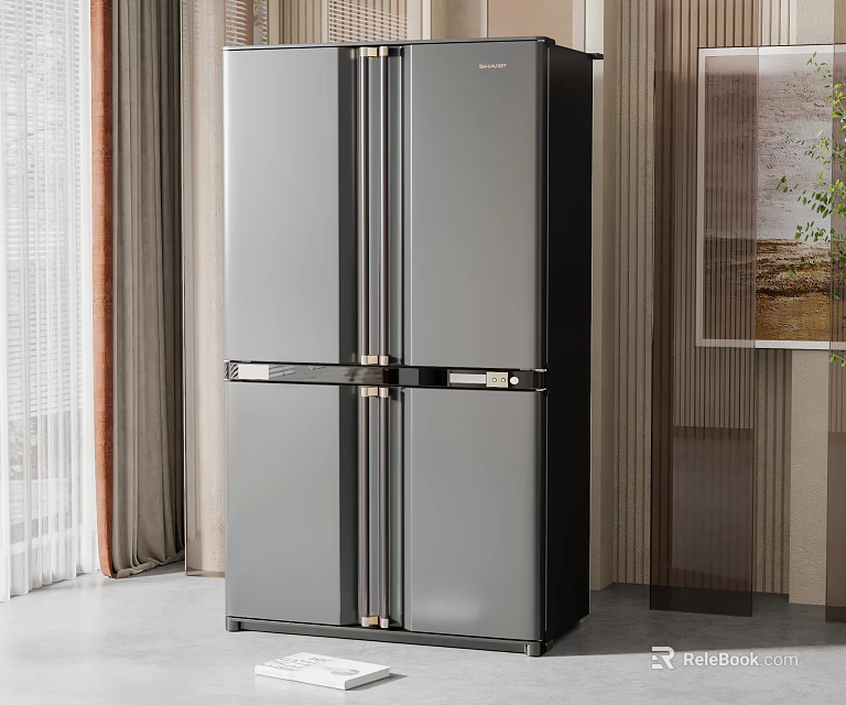 Black Multi Door Refrigerator In Modern Home Interior With Curtains And Wall Art 3d model 