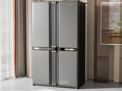 Black Multi Door Refrigerator In Modern Home Interior With Curtains And Wall Art 3d model