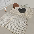 White Woven Square Rugs With Brown Border In Living Room With Coffee Table And Chair