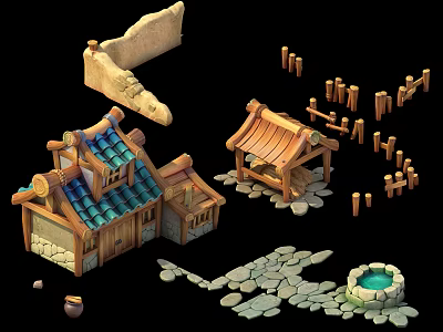 Chinese-style Cartoon Building Residential House Farm Fence Railing Bungalow Tile House Sink Water Barrel Wooden Barrel Stone Road 3d model