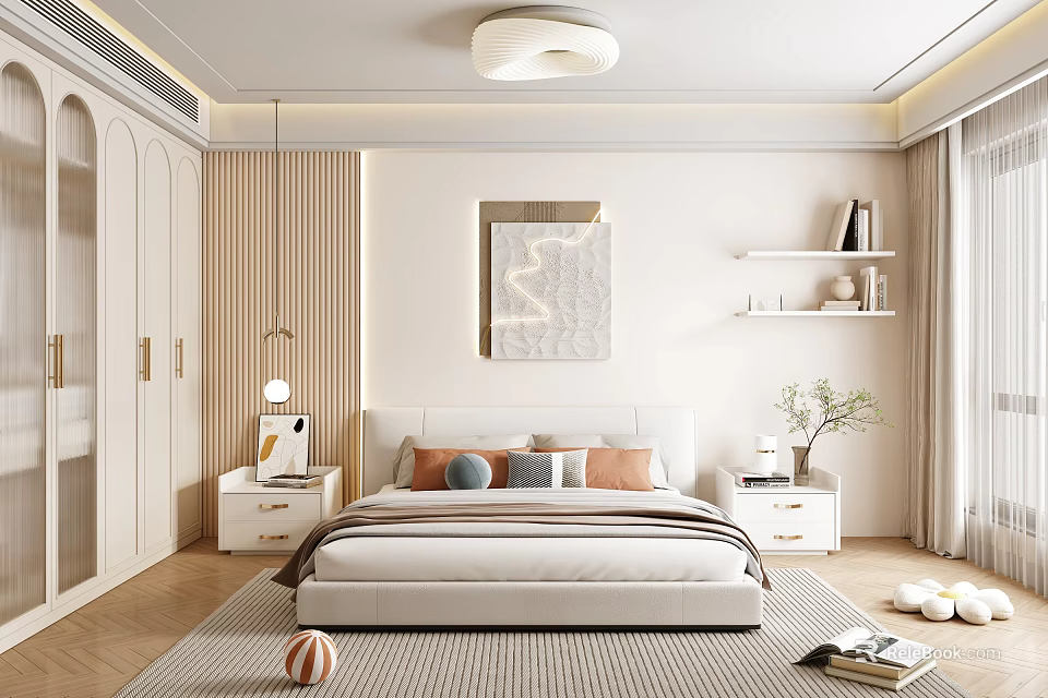 Modern Bedroom Interior With White Walls Wooden Floor Cozy Bed Abstract Painting And White Wardrobe 3d model 