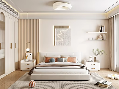 Modern Bedroom Interior With White Walls Wooden Floor Cozy Bed Abstract Painting And White Wardrobe 3d model