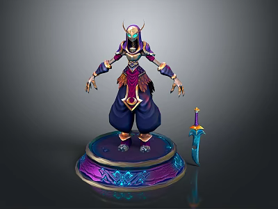 3D Character Creature with Horns Purple Blue Attire Standing on Decorative Pedestal Near Blue Sword 3d model