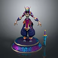 3D Character Creature with Horns Purple Blue Attire Standing on Decorative Pedestal Near Blue Sword