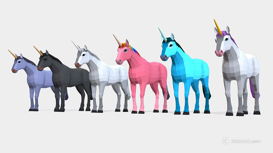 Colorful Polygonal Unicorns In Various Hues Standing In A Line 3d model 