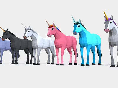 Colorful Polygonal Unicorns In Various Hues Standing In A Line 3d model